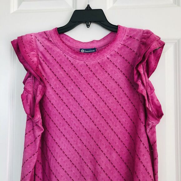 DEMOCRAY WOMEN'S TOP PULLOVER CREW NECK DOBLE RUFLE CAP SLEEVE PURPLE PERFORATED - Picture 5 of 6